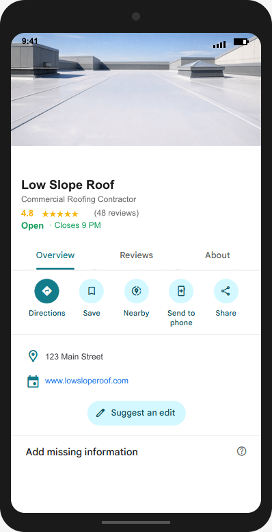 LowSlopeRoof.com Google Business Profile mockup