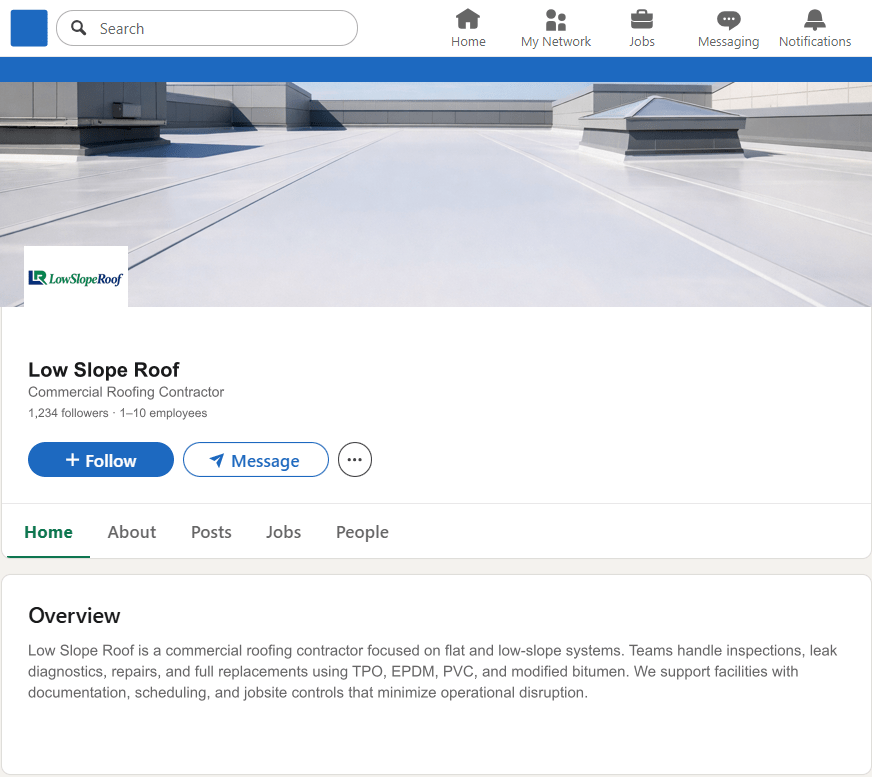 LowSlopeRoof.com LinkedIn Company Page mockup
