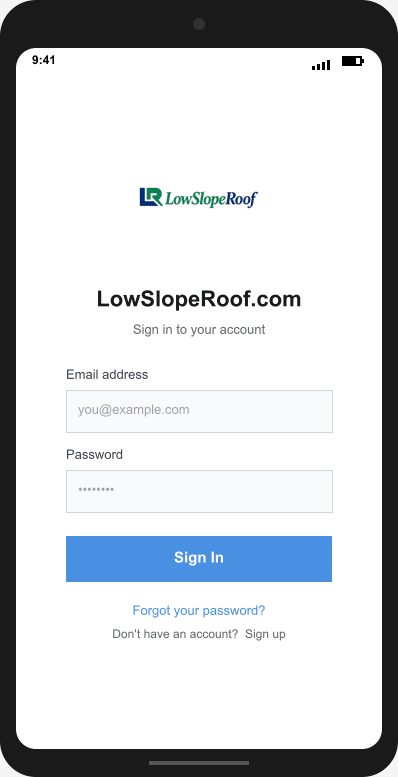 LowSlopeRoof.com Login Screen mockup