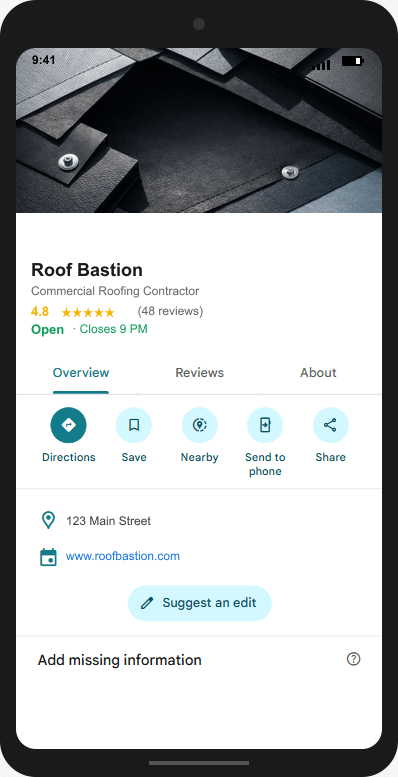 RoofBastion.com Google Business Profile mockup
