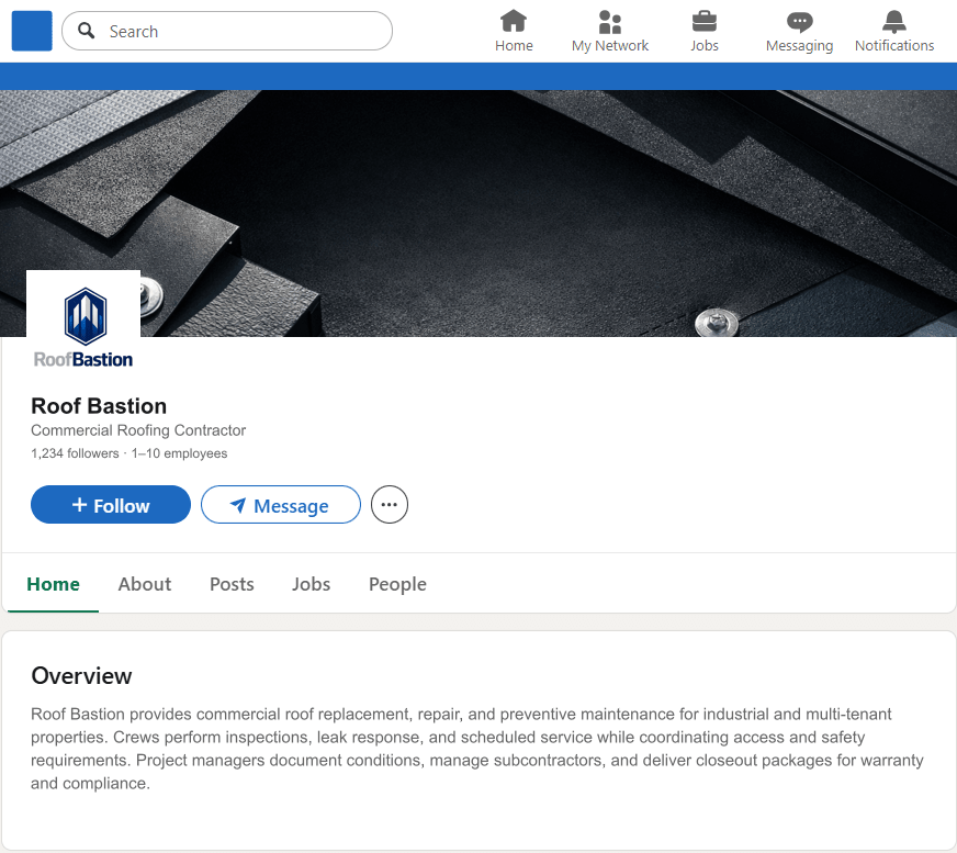 RoofBastion.com LinkedIn Company Page mockup