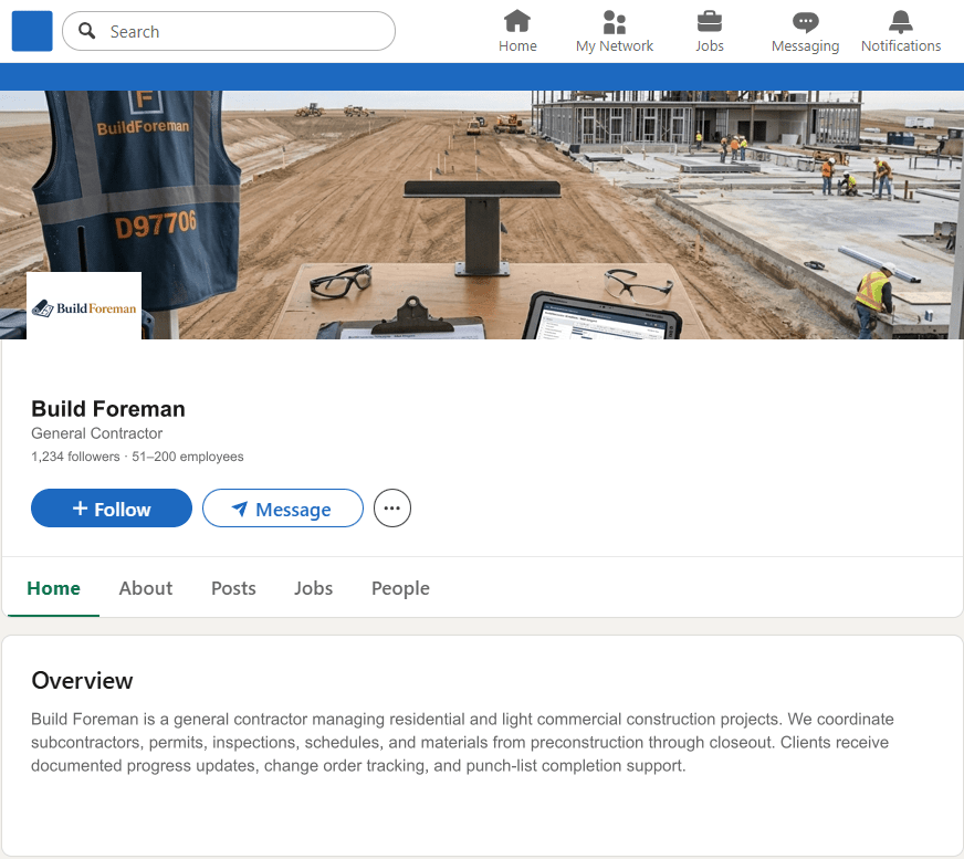 BuildForeman.com LinkedIn Company Page mockup