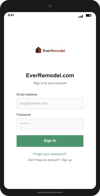 EverRemodel.com Login Screen mockup