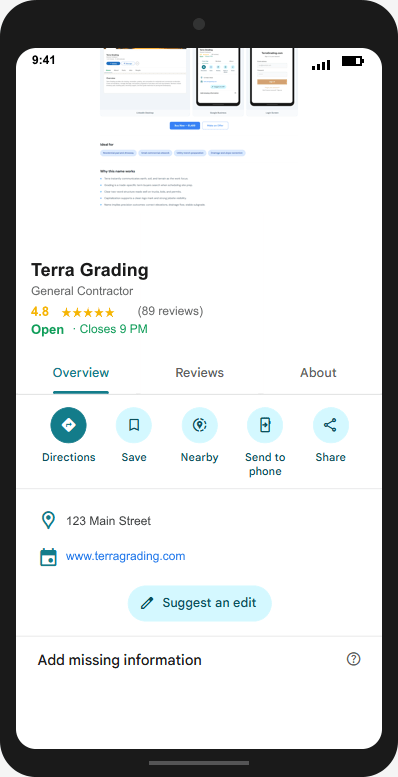 TerraGrading.com Google Business Profile mockup