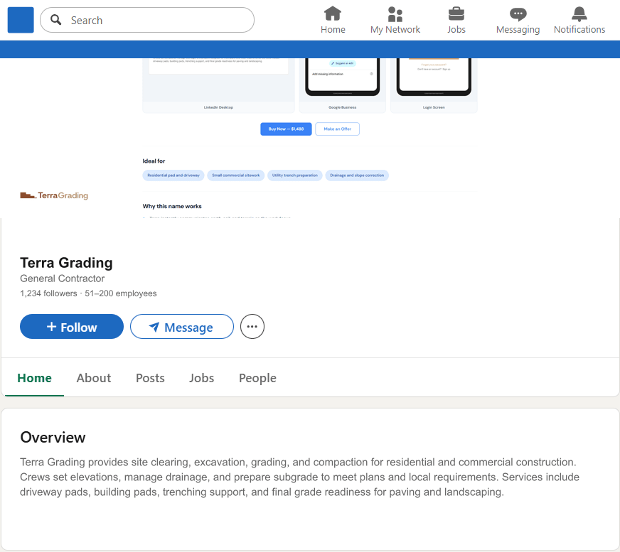TerraGrading.com LinkedIn Company Page mockup