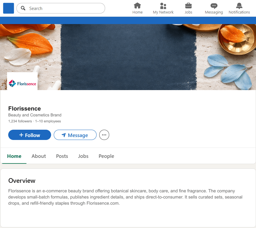 Florissence.com LinkedIn Company Page mockup