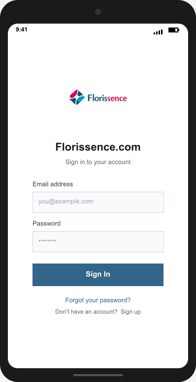 Florissence.com Login Screen mockup