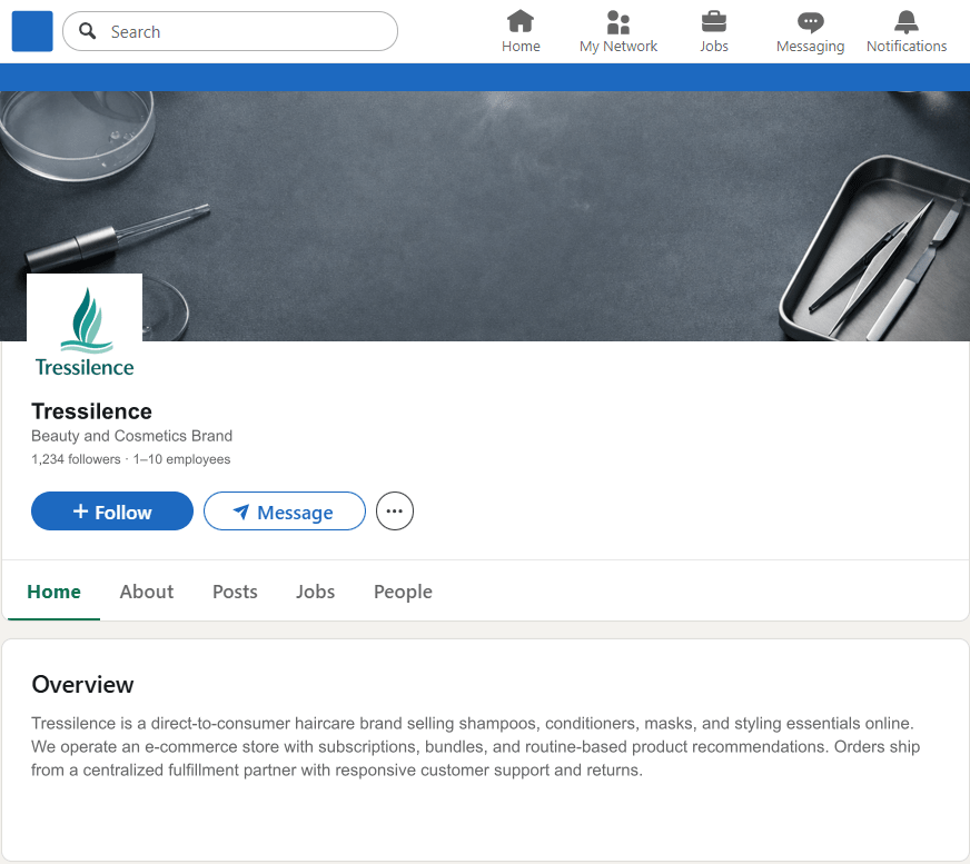 Tressilence.com LinkedIn Company Page mockup