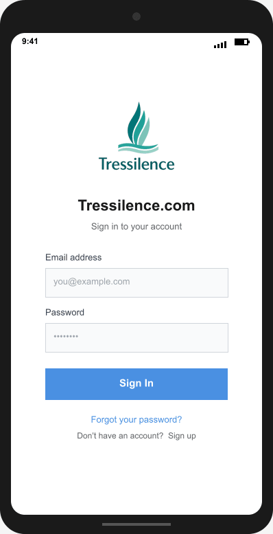 Tressilence.com Login Screen mockup