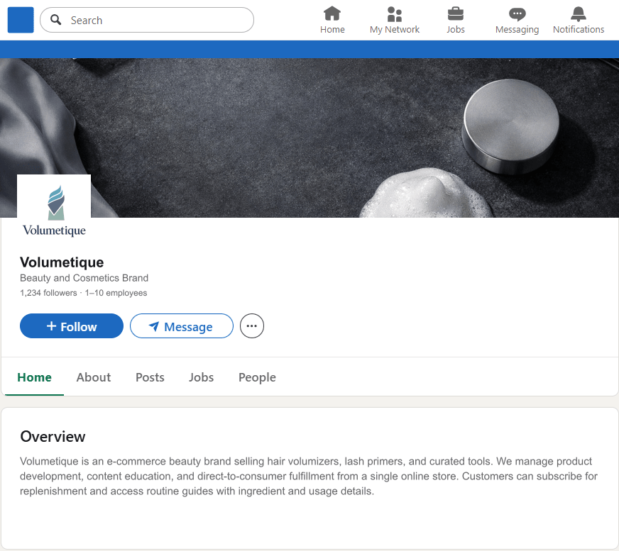 Volumetique.com LinkedIn Company Page mockup