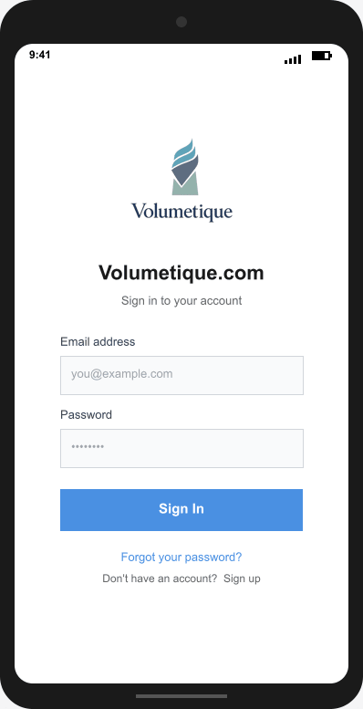 Volumetique.com Login Screen mockup
