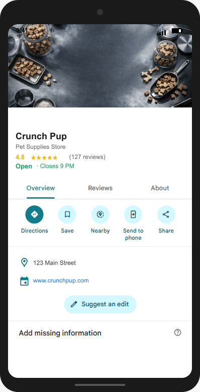 CrunchPup.com Google Business Profile mockup