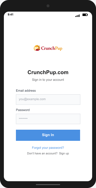 CrunchPup.com Login Screen mockup