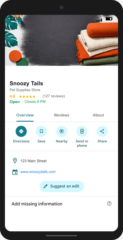 SnoozyTails.com Google Business Profile mockup
