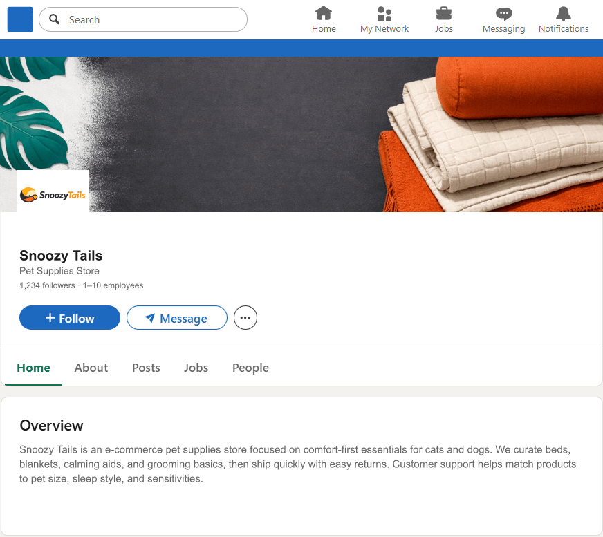SnoozyTails.com LinkedIn Company Page mockup