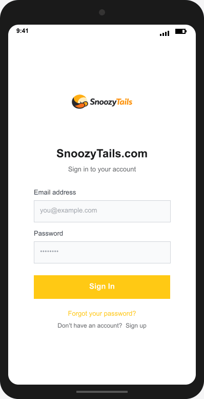 SnoozyTails.com Login Screen mockup