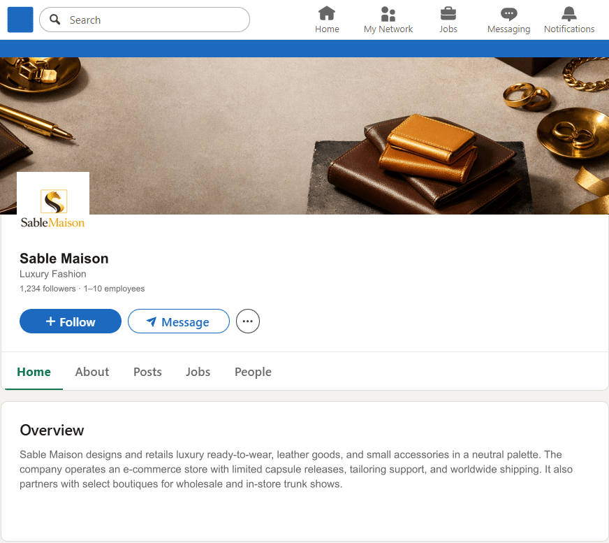 SableMaison.com LinkedIn Company Page mockup