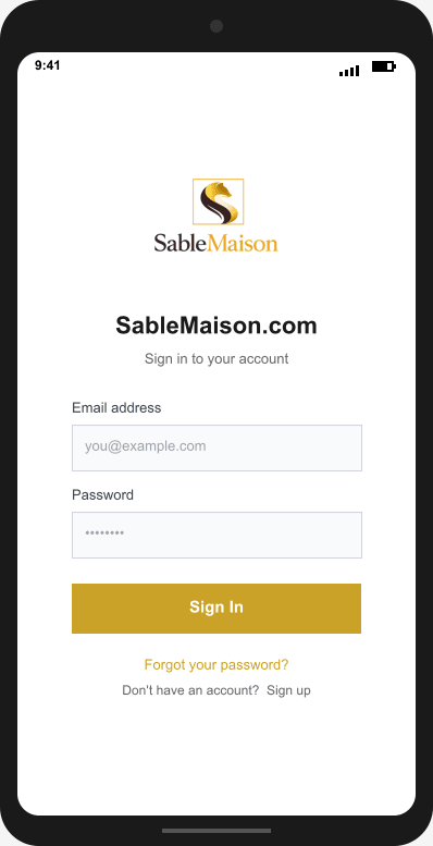 SableMaison.com Login Screen mockup