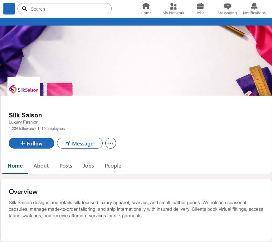 SilkSaison.com LinkedIn Company Page mockup