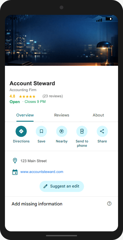 AccountSteward.com Google Business Profile mockup