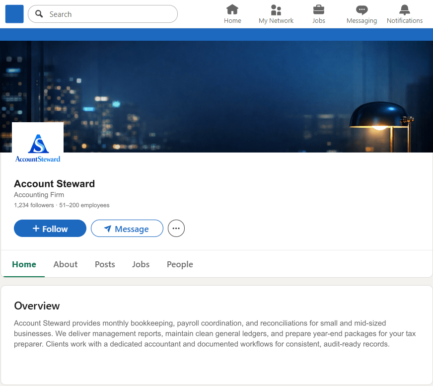 AccountSteward.com LinkedIn Company Page mockup