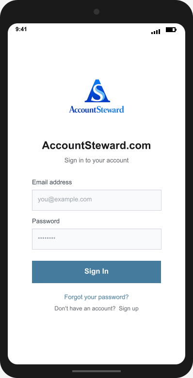 AccountSteward.com Login Screen mockup