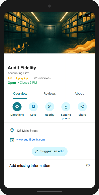 AuditFidelity.com Google Business Profile mockup