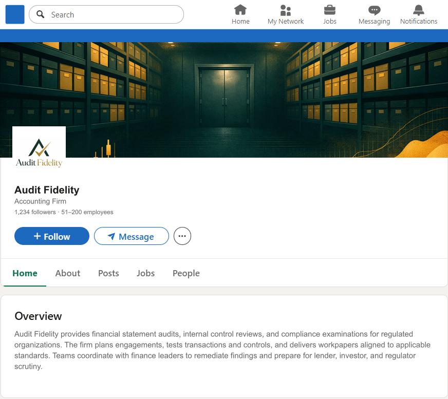 AuditFidelity.com LinkedIn Company Page mockup