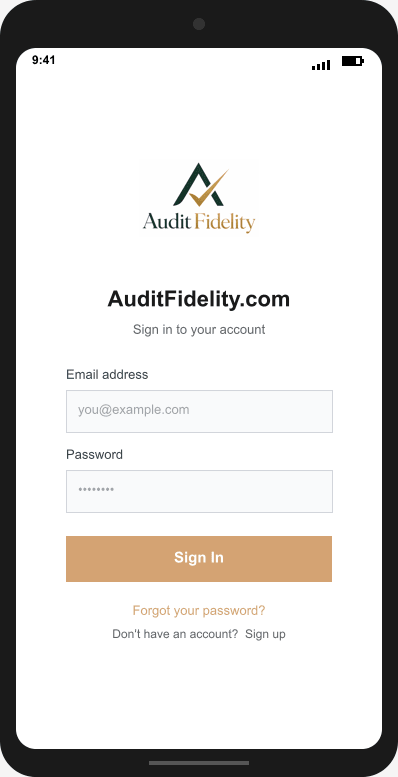 AuditFidelity.com Login Screen mockup