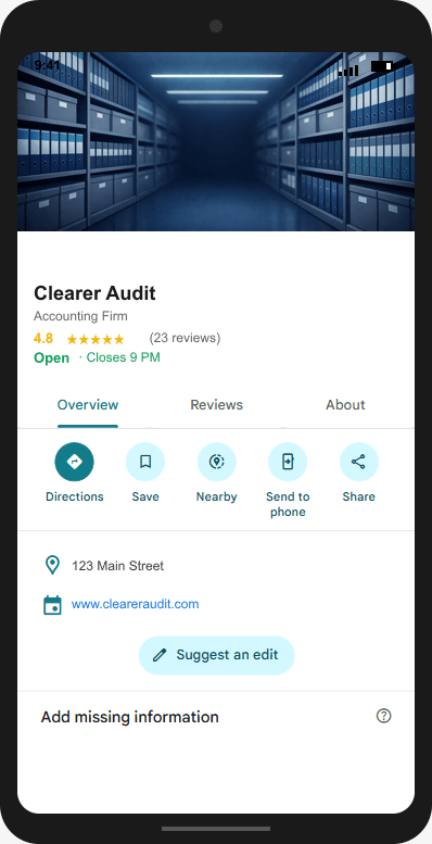 ClearerAudit.com Google Business Profile mockup