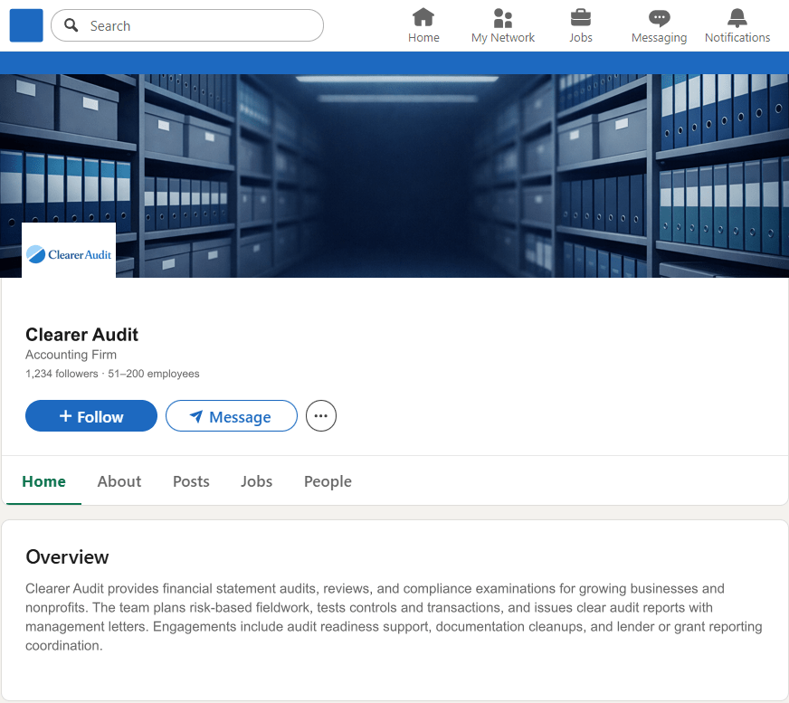 ClearerAudit.com LinkedIn Company Page mockup
