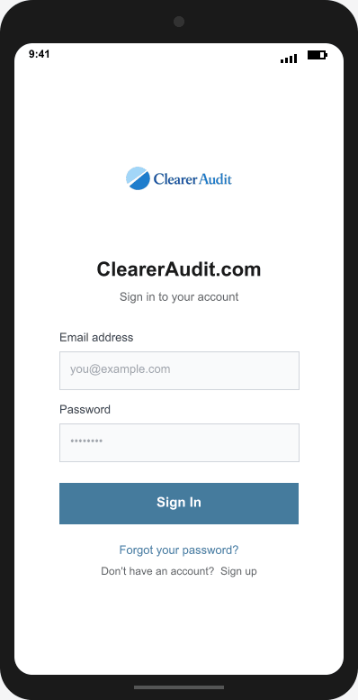 ClearerAudit.com Login Screen mockup