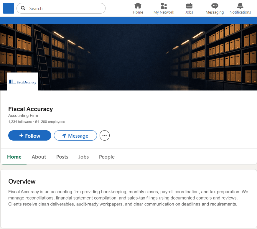 FiscalAccuracy.com LinkedIn Company Page mockup