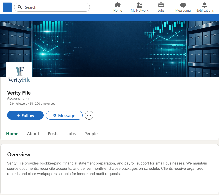 VerityFile.com LinkedIn Company Page mockup
