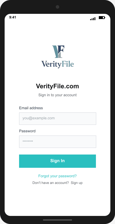 VerityFile.com Login Screen mockup