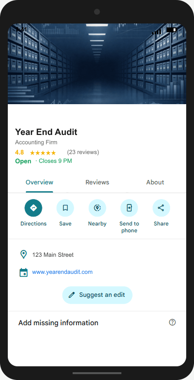 YearEndAudit.com Google Business Profile mockup