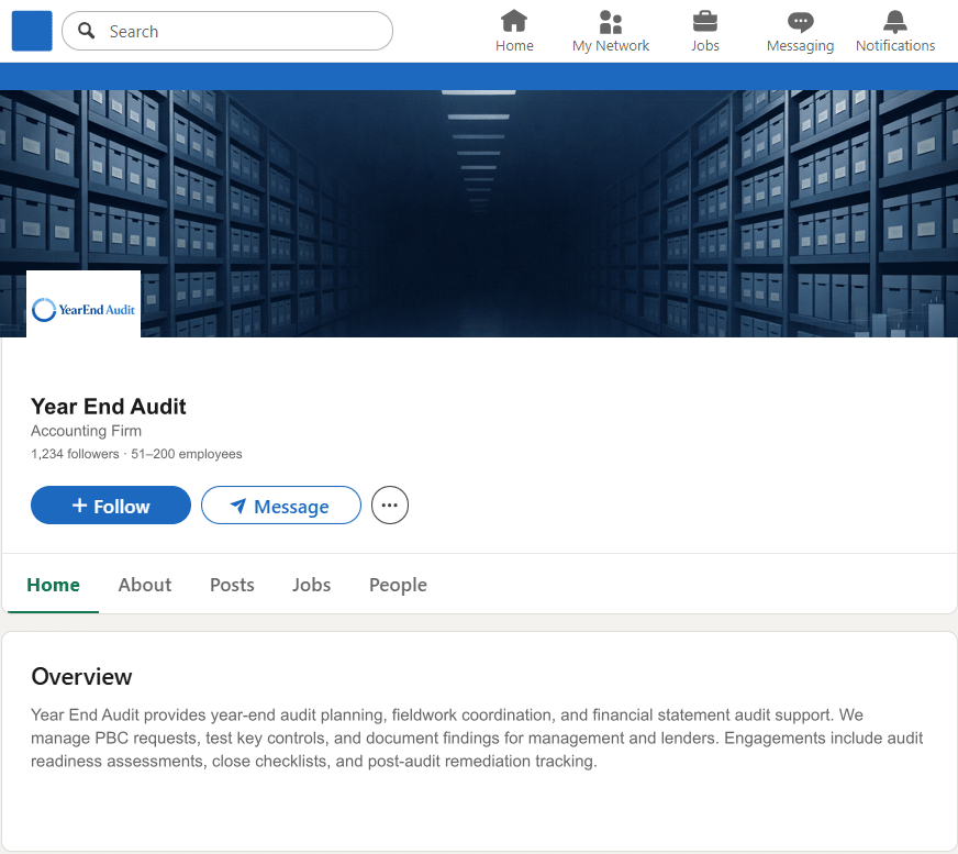 YearEndAudit.com LinkedIn Company Page mockup