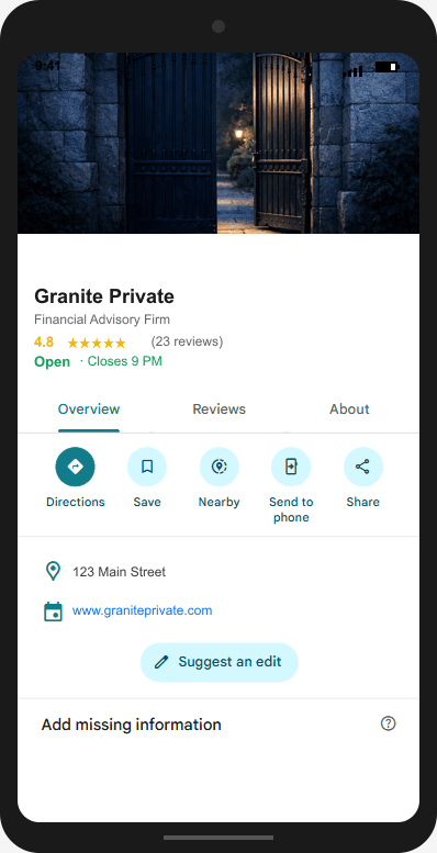 GranitePrivate.com Google Business Profile mockup
