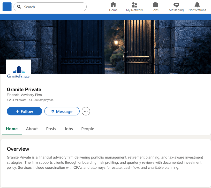 GranitePrivate.com LinkedIn Company Page mockup