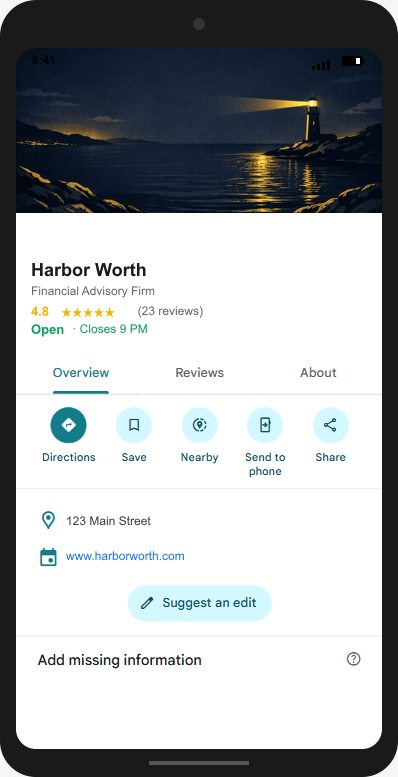 HarborWorth.com Google Business Profile mockup