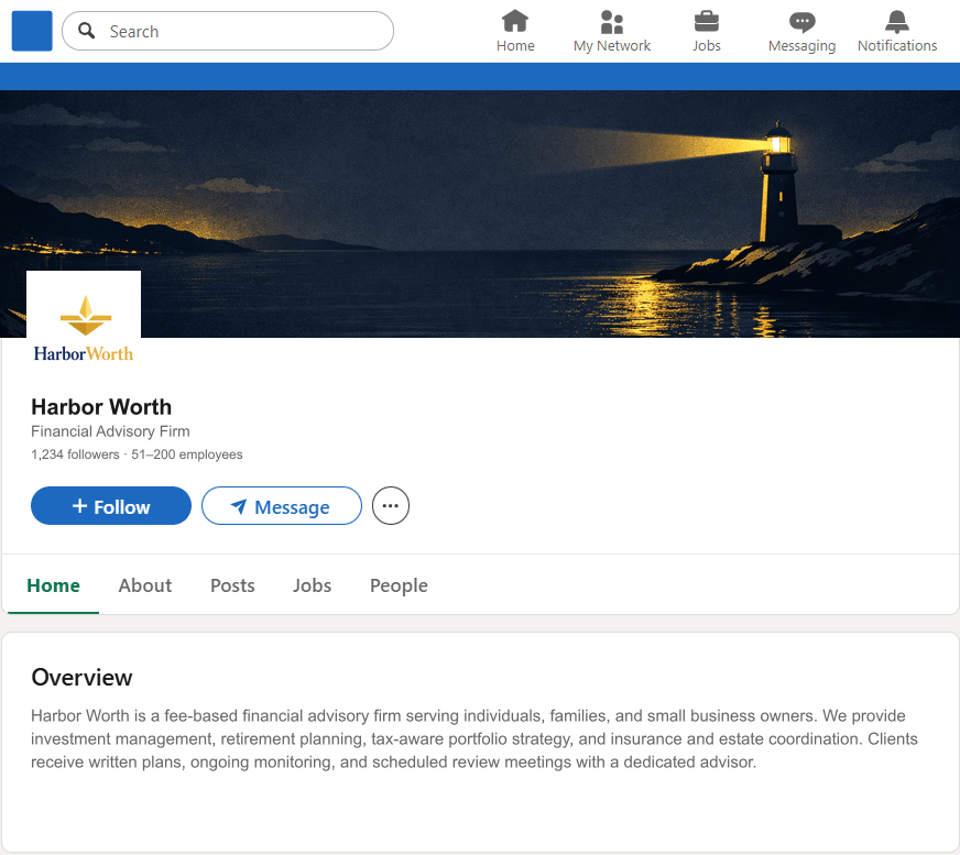 HarborWorth.com LinkedIn Company Page mockup