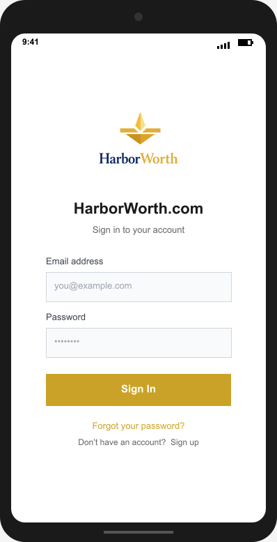 HarborWorth.com Login Screen mockup