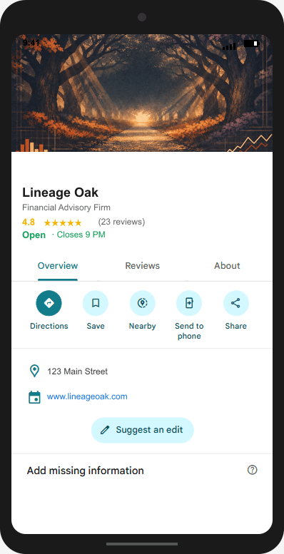 LineageOak.com Google Business Profile mockup