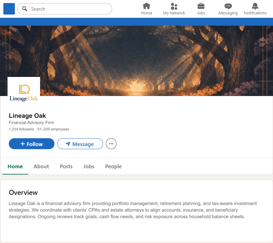 LineageOak.com LinkedIn Company Page mockup