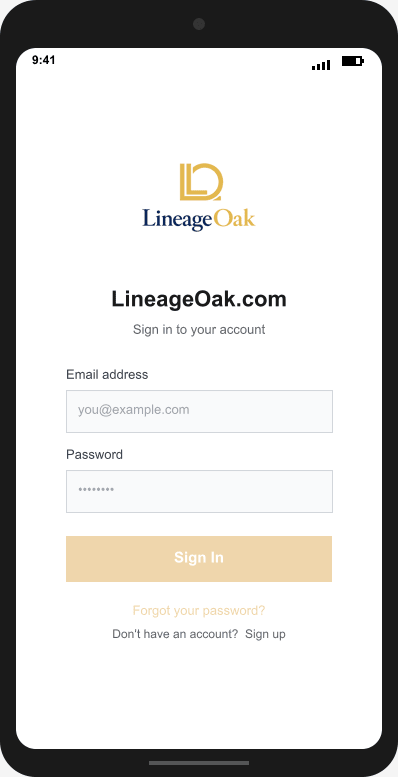 LineageOak.com Login Screen mockup