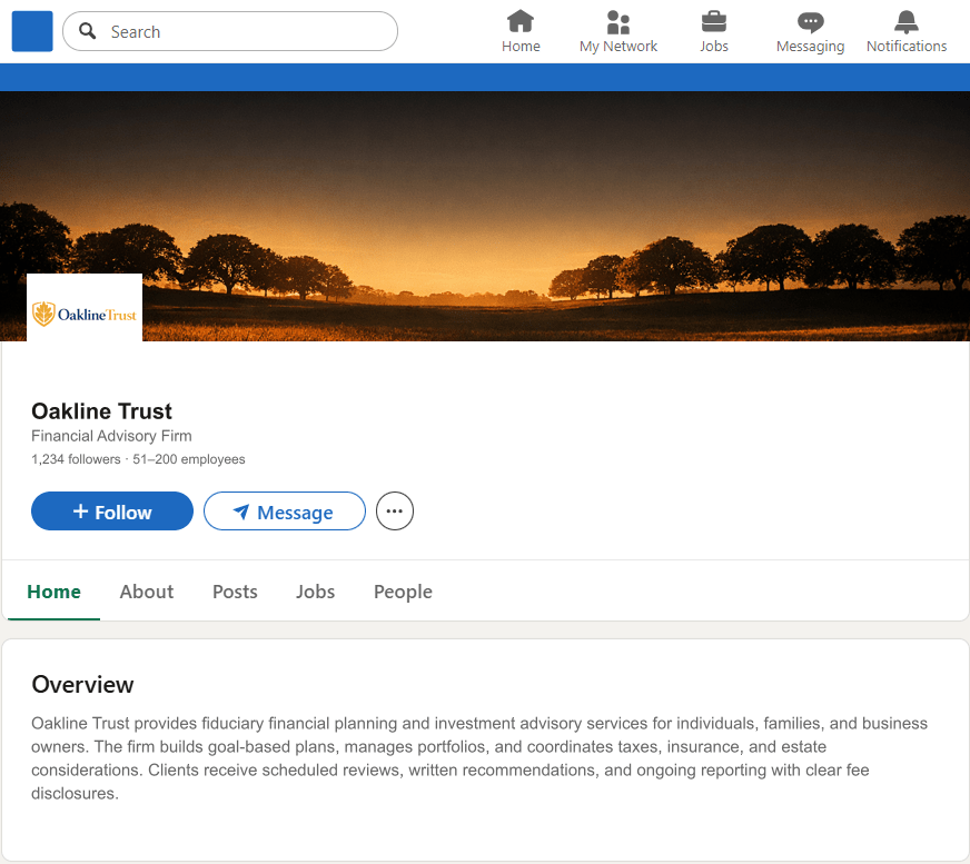 OaklineTrust.com LinkedIn Company Page mockup