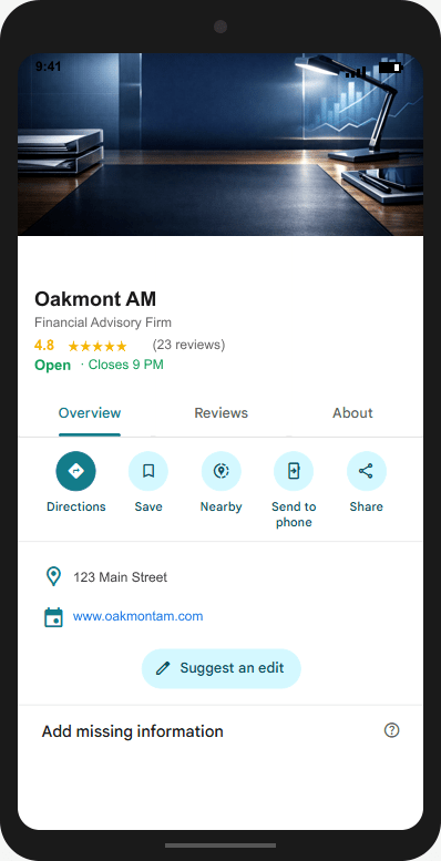 OakmontAM.com Google Business Profile mockup