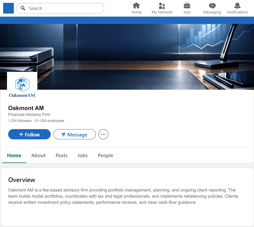 OakmontAM.com LinkedIn Company Page mockup
