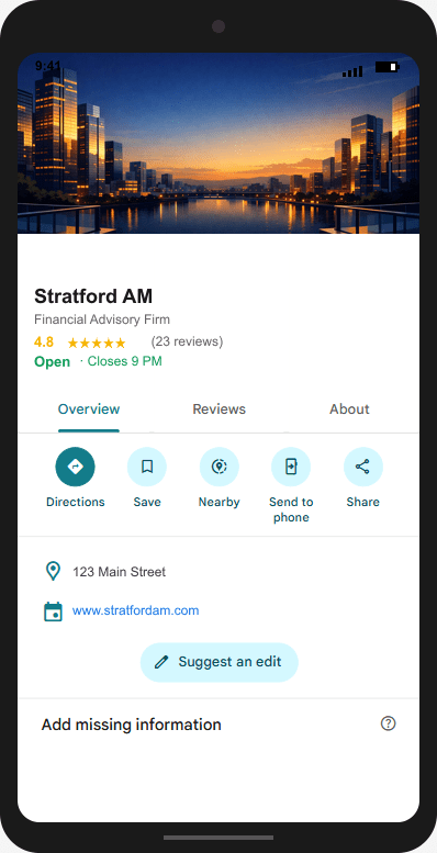 StratfordAM.com Google Business Profile mockup
