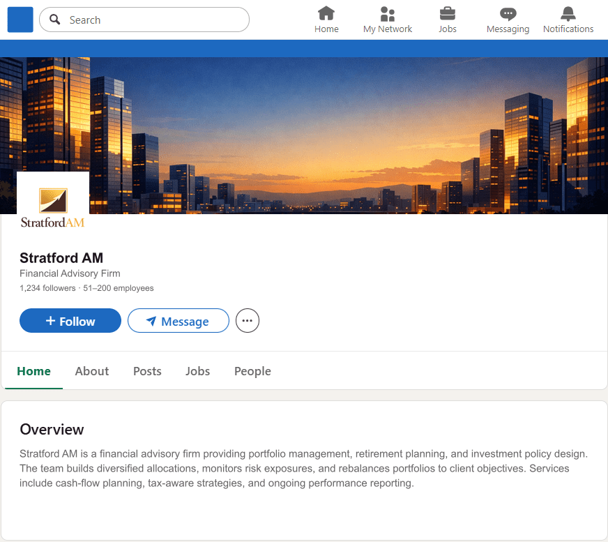 StratfordAM.com LinkedIn Company Page mockup
